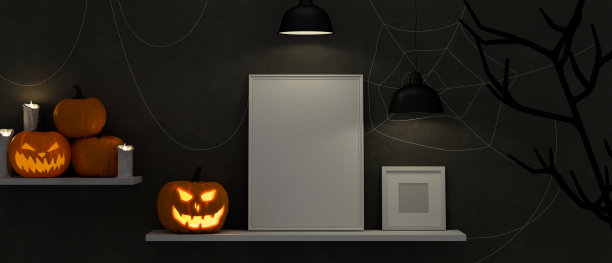 架子上的模型框架装饰着万圣节的概念，3D渲染图片下载