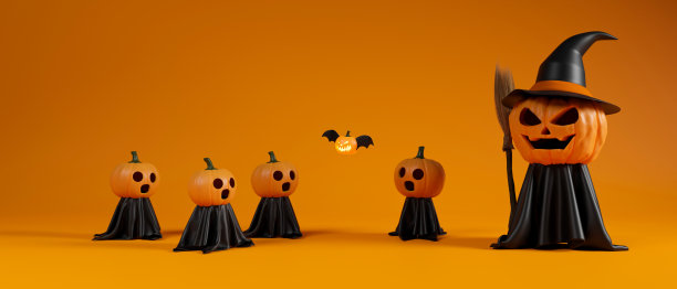 万圣节咧嘴笑的南瓜与女巫服装和扫帚在橙色的背景，3D渲染图片下载