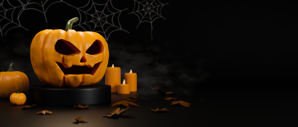 可怕的南瓜灯，蜡烛和蜘蛛装饰在万圣节概念的黑色背景，3D渲染图片下载