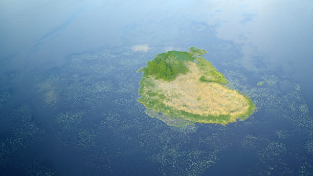 从无人机俯瞰水库与一个绿色的心脏形状的岛屿，围绕着水，复制空间图片下载