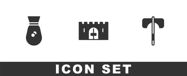 设置古老的钱袋中世纪城堡大门和斧头图片下载