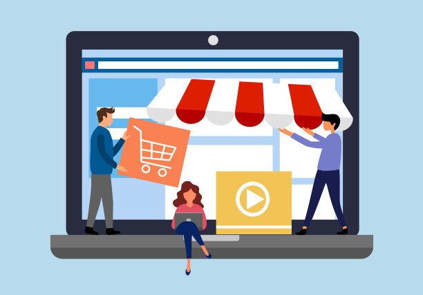 建立你的网上购物商店概念矢量插图。人们工作的网页设计为笔记本电脑屏幕平面设计。图片下载