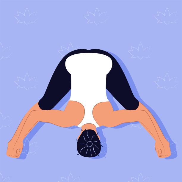 向量。一个身材苗条的卡通女孩正在练瑜伽。站立分开腿伸展姿势。宽阔的看台向前倾斜。Prasarita Padottanasana。体育活动。图片下载