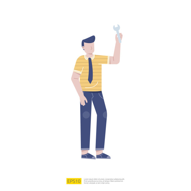Man character holding扳手。技术支持或服务理念，机械维修、保养工作，专业支持，帮助或协助平面矢量插图图片下载