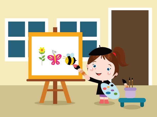 女孩画花，蝴蝶和蜜蜂图片下载