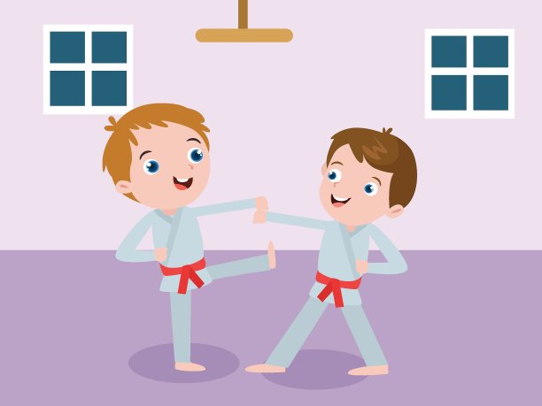 两个男孩通过打斗练习空手道图片下载