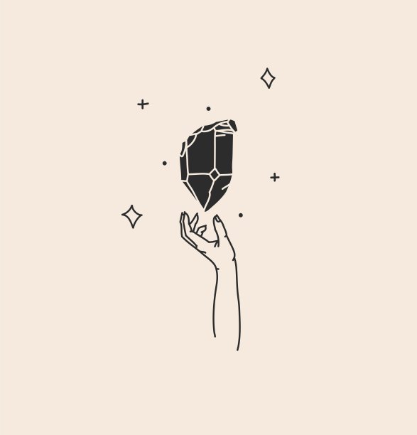 手绘矢量抽象股票平面图形插图与标志元素，波西米亚魔法艺术的水晶剪影，星星，女人手在简单的风格为品牌，孤立的颜色背景图片下载
