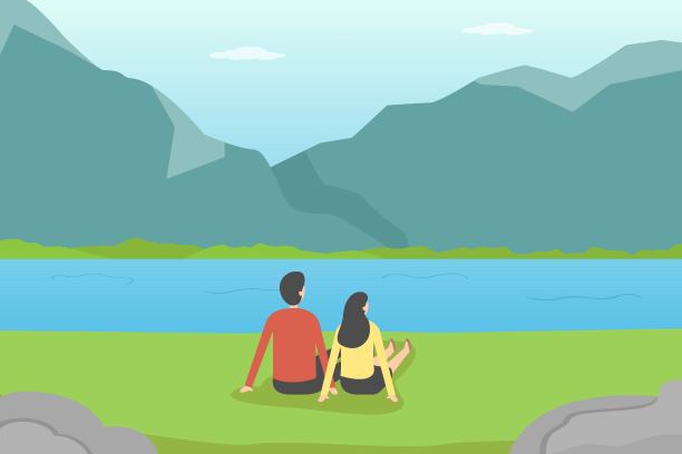 年轻夫妇在湖边享受美好时光图片下载