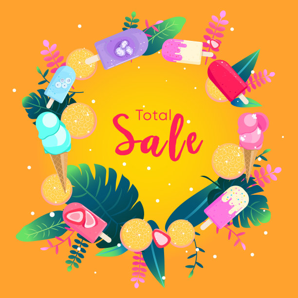 总夏季销售横幅与冰淇淋蛋筒，勺子，水果，植物和叶子的插图图片下载