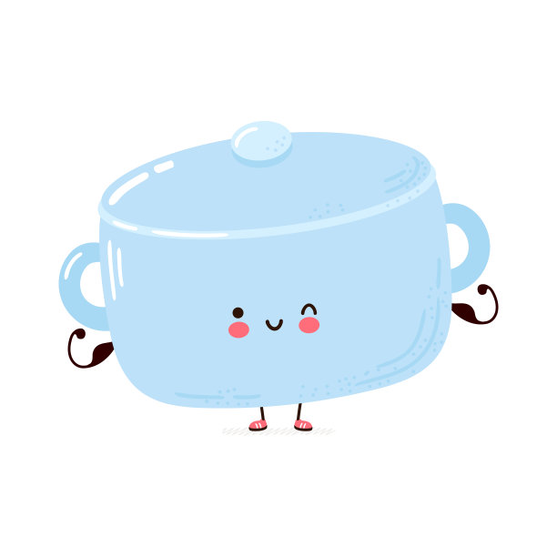 可爱有趣的烹饪锅显示肌肉。矢量手绘卡通卡通人物插图图标。孤立在白色背景上。烹饪锅健身概念图片下载