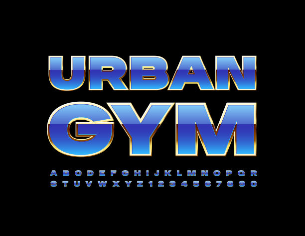 向量现代标志城市体育馆。蓝色和金色字母和数字集图片下载