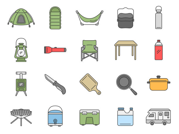 露营设备图标集。图片下载