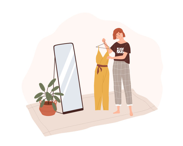 年轻女子在家里的衣服拿着时尚服装图片下载