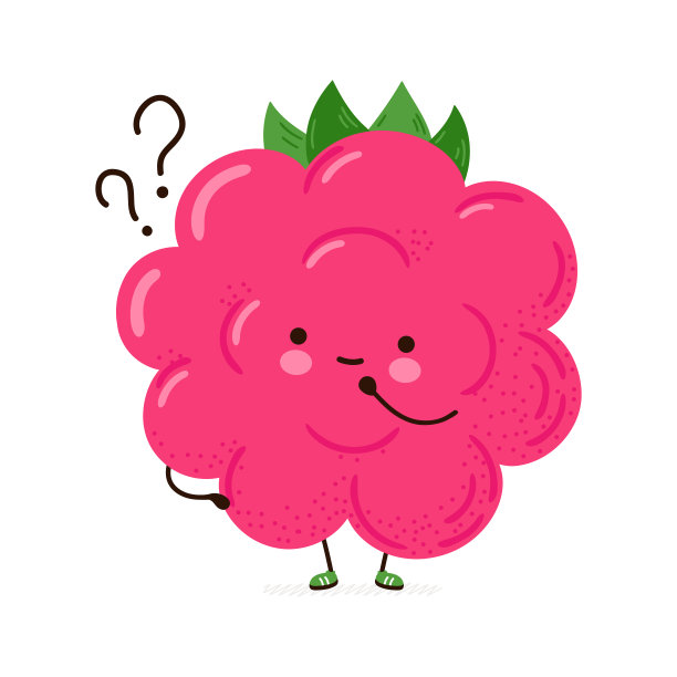 可爱有趣的带问号的覆盆子。矢量手绘卡通卡通人物插图图标。孤立在白色背景上。覆盆子认为概念图片下载