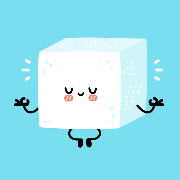 可爱有趣的快乐的糖块方块人物冥想在瑜伽姿势。矢量平线卡通卡通人物插图图标。孤立在白色背景上。方糖字符概念图片下载