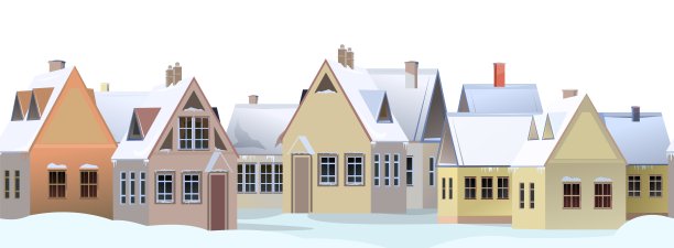 冬天的街道上有雪堆。农村的房子。附属建筑。安静的一天。无缝的。屋顶上覆盖着雪。国家风景。孤立在白色背景上。平的卡通风格。矢量艺术图片下载