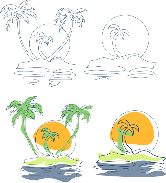 一套热带岛屿单线图片下载