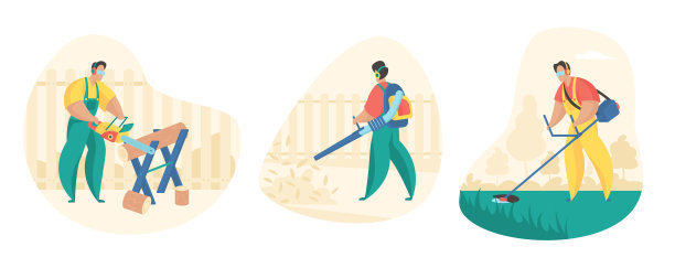 院子和花园清洁用具。男性的性格是用三聚氰氨修剪草坪，用花园吸尘器清扫树叶图片下载