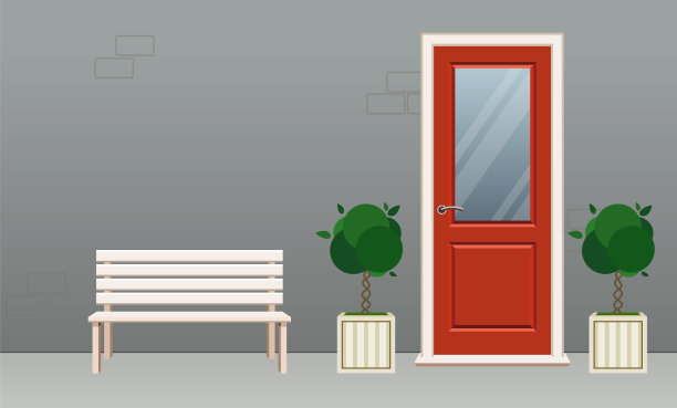 外部入口的门长凳和盆栽树图片下载