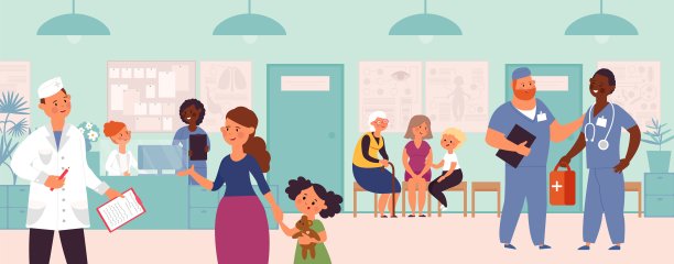 医院探视。排队，门诊内部和病人。接待处有医务人员和医生。人们在医学像样的载体插图图片下载