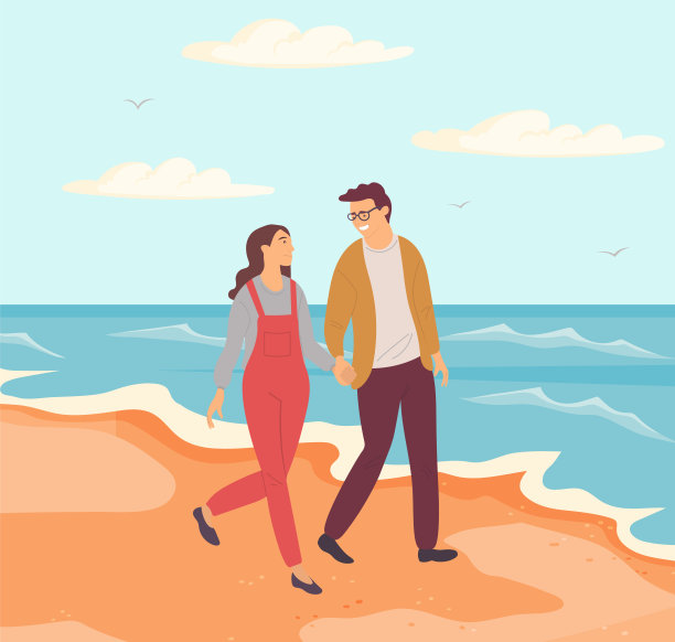 恋爱中的年轻情侣拥抱并凝视大海。卡通人物在海岸附近休息图片下载
