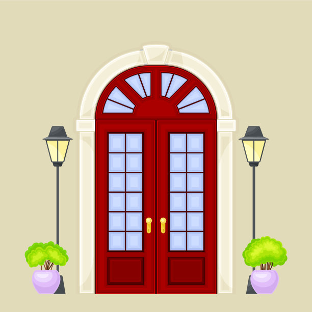 正面双扇带有装饰灌木的大门图片下载