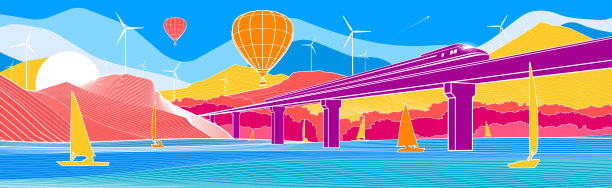 色彩鲜艳的山景。基础设施和运输说明。气球飞行。火车在桥上行驶。水上的船。白色轮廓上的彩色背景。矢量设计艺术图片下载