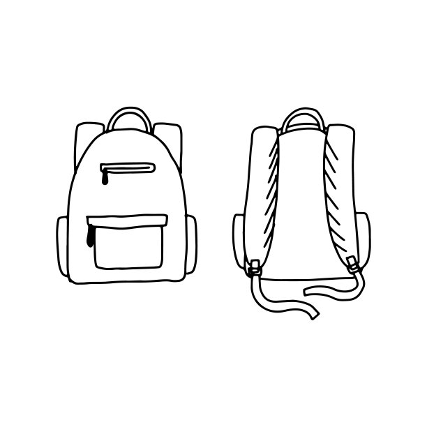 手绘涂鸦素描风格的学校背包矢量插图。正面和背面。孤立的黑白背景。图片下载