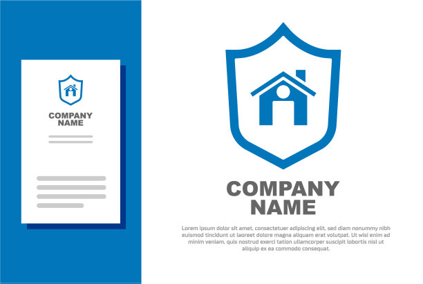 蓝色房子与盾牌图标隔离在白色图片下载