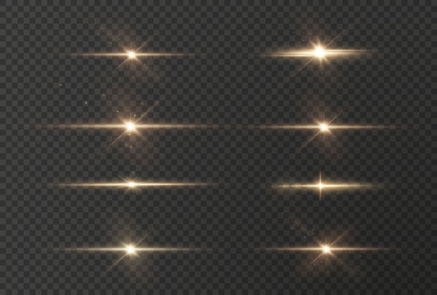 金色的星星孤立在黑色的背景上。效果，镜头光晕，闪光，爆炸，金色的光，设置。闪亮的星星，美丽的金色光芒。矢量图图片下载