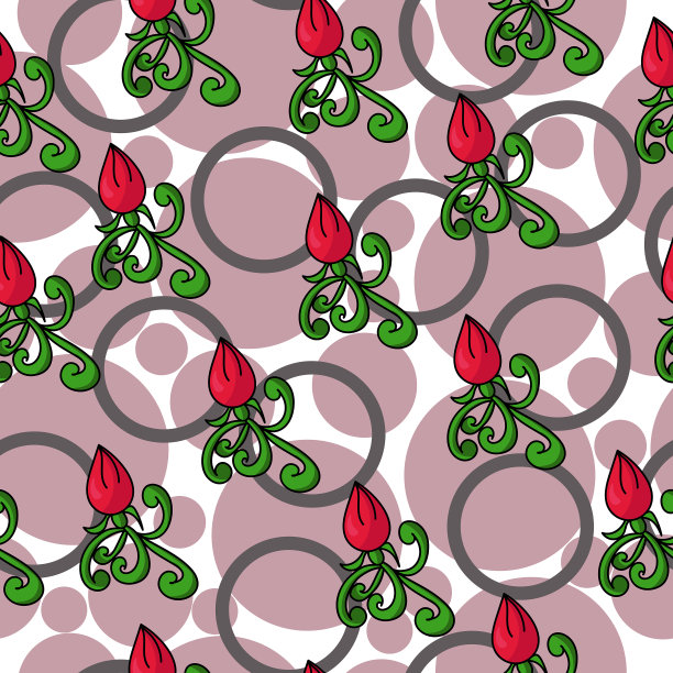 红玫瑰花蕾与涂鸦叶无缝图案，花和各种灰色圆圈在白色的背景图片下载