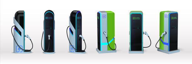 汽车充电器。现实的电动汽车充电站。从不同角度看，3D设备设置为自动蓄电池充电。替代燃料。Vector绿色能源技术图片下载