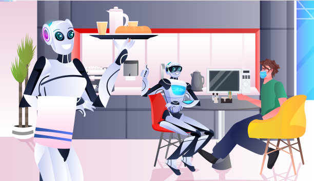 现代机器人服务员在餐厅为游客服务的人工智能技术概念图片下载