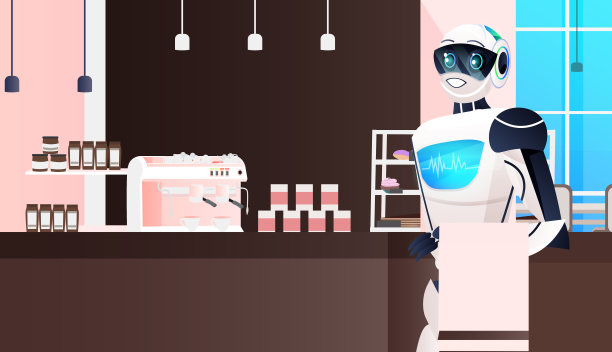 现代机器人服务员站在咖啡厅人工智能技术概念餐厅的室内图片下载