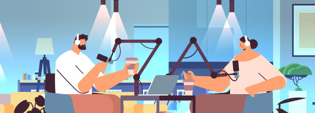 播客对着麦克风录音播客在工作室播客在线电台广播的概念图片下载