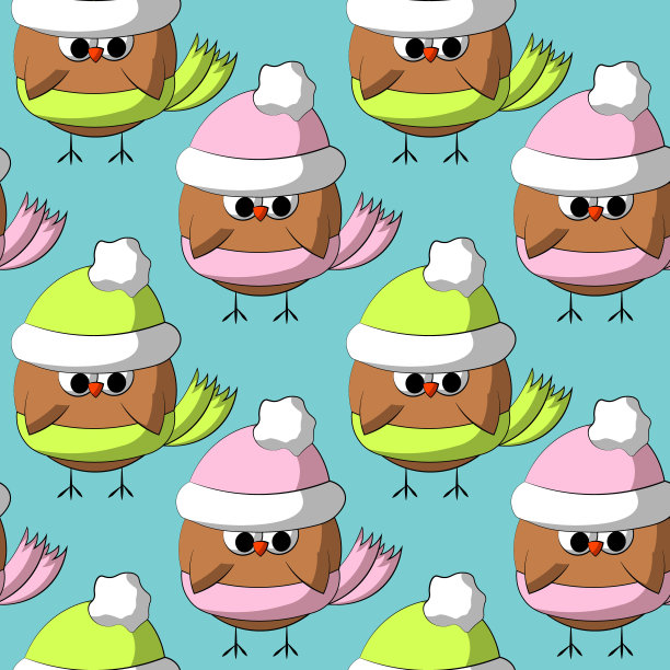 无缝矢量图案与可爱的卡通猫头鹰在冬天的帽子和围巾图片下载