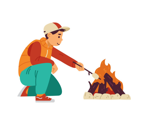 小男孩烤棉花糖在篝火露营矢量插图图片下载