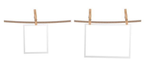 木夹上的框架。用于室内设计的织物绳相框。孤立现实的房子白色配件在斯堪的纳维亚风格向量集图片下载