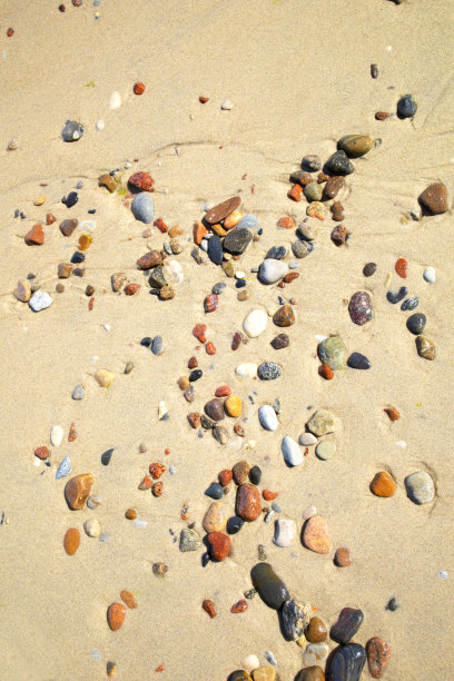 有卵石的沙质海滩，沙质背景，岩石海滩。海卵石。图片下载