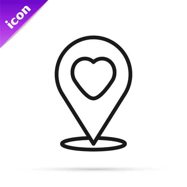 黑线地图指针与心脏图标隔离图片下载