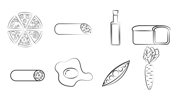 黑色和白色的一套八个图标的美味食品和小吃项目的餐厅酒吧咖啡馆的白色背景:披萨，香肠，橄榄油，面包，鸡蛋，豌豆，胡萝卜图片下载