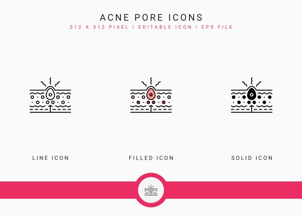 痤疮毛孔图标设置矢量插图与固体图标线条风格。皮肤炎症是皮肤科的概念。图片下载