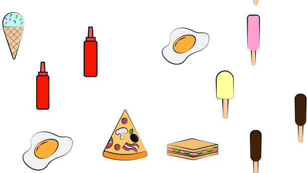 无尽的白色无缝图案美味的食物和零食图标设置为餐厅酒吧咖啡厅:冰淇淋，披萨，鸡蛋，番茄酱，三明治。背景图片下载