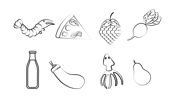 黑色和白色的八种图标的美味的食物和小吃项目的餐厅酒吧咖啡厅在一个白色的背景:虾，比萨饼，葡萄，萝卜，苏打水，鱿鱼，梨图片下载