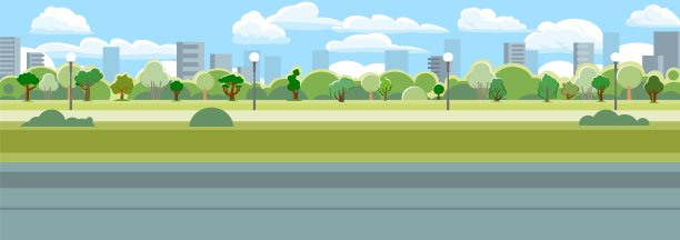 公园区域以城市为背景。树木，草坪和灯笼。美丽的夏天的城市。一个放松、散步和约会的地方。美丽的图片。向量图片下载