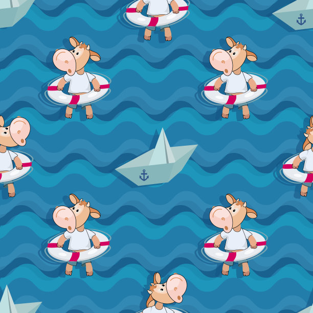 纸船,小腿。海的背景。海滩。夏天休息。滑稽的小牛犊和救生圈在波浪上。图片下载