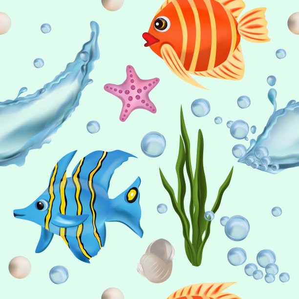 热带鱼、海草、海星、珍珠、贝壳、水花无缝图案。卡通人物。矢量插图。图片下载