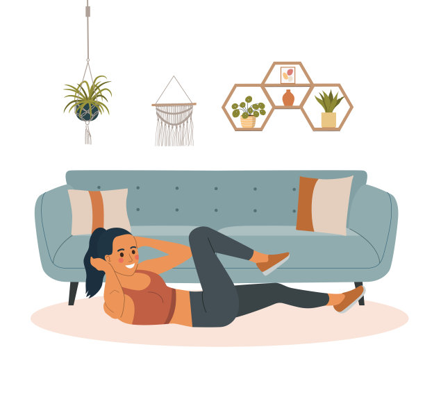 健身的女人在客厅里摇压机。矢量卡通平面风格的插图图片下载