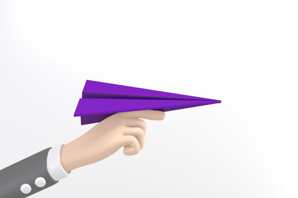 卡通手拿紫色纸火箭在白色的背景。三维渲染图片下载