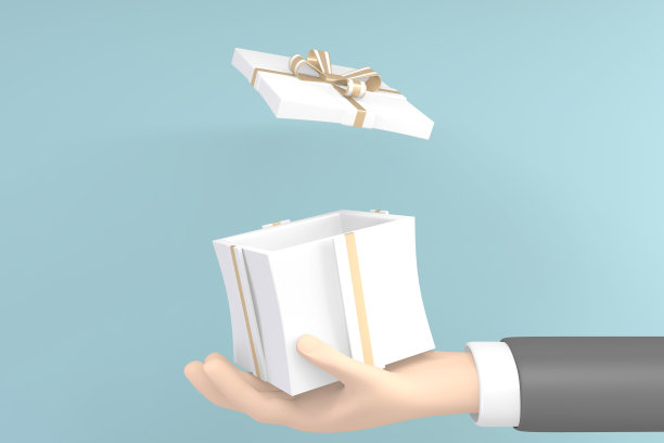 手拿着一个打开的礼物盒薄荷背景。三维渲染图片下载